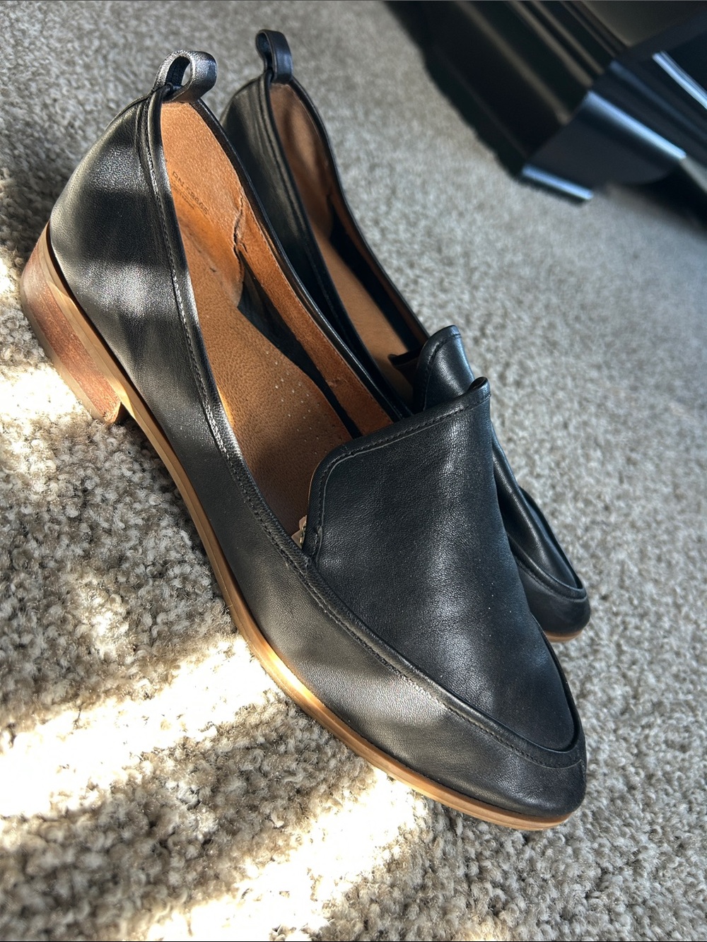 Susina Black Leather Slip-On Loafers with Tan Sole